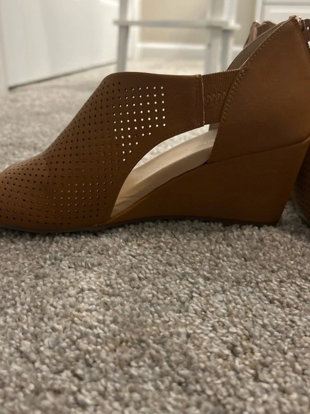 Wedge Peep-Toe Sandals in Cognac Brown